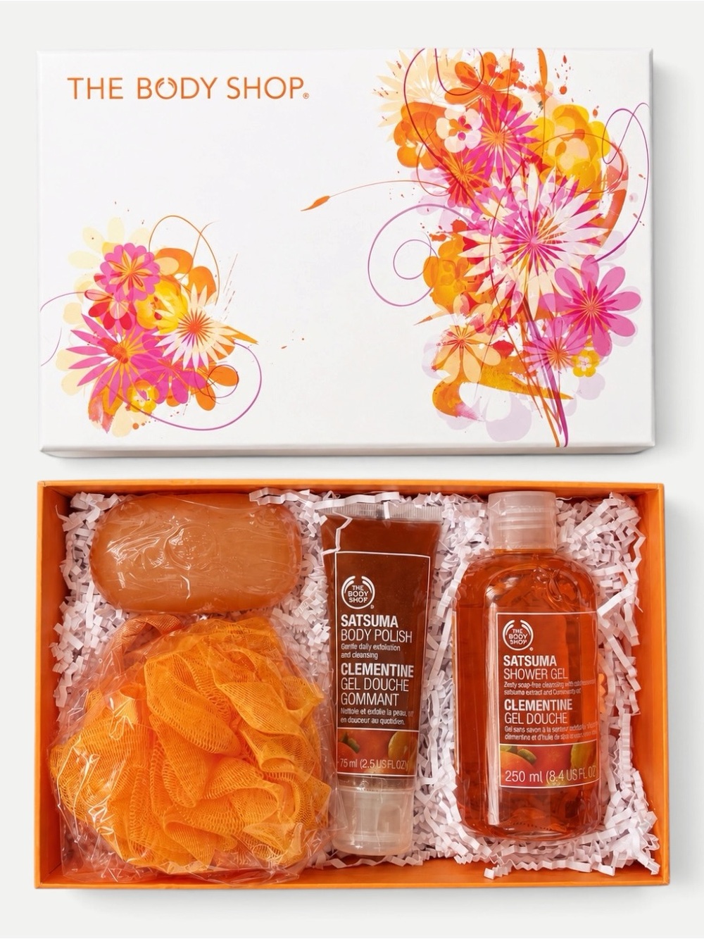 The Body Shop Satsuma Gift Set Shower Gel Body Polish Soap Bath Pouf New